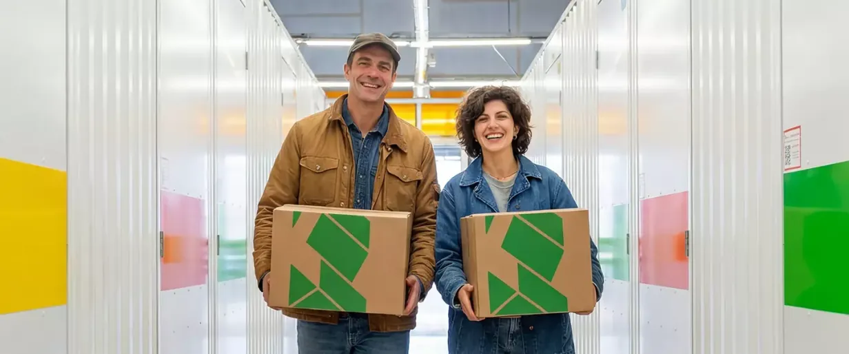 Deux personnes portent des cartons dans l'allée d'un centre de self-stockage.
